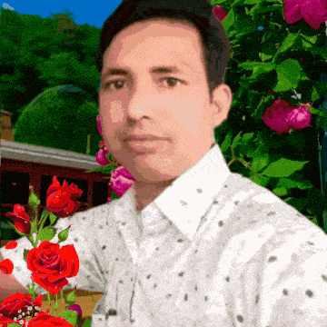a man in a white shirt stands in front of a bush with red roses