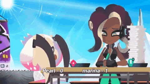 a cartoon of pearl and marina playing a video game