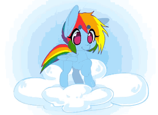 a cartoon pony with a rainbow mane and tail is standing on a cloud