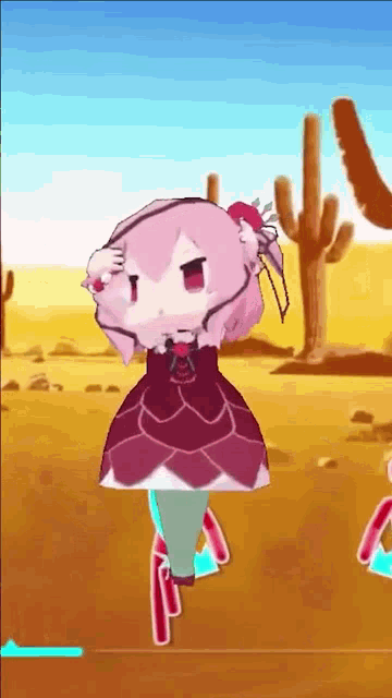 a girl in a red dress is standing in the desert