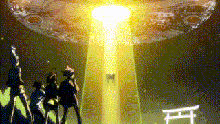 a group of people standing in front of a glowing object with chinese writing on the bottom
