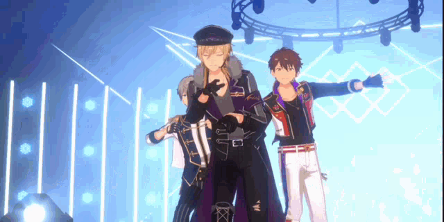 three anime characters are dancing on a stage .