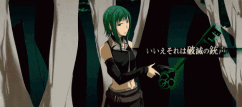 a girl with green hair is holding a gun in a forest
