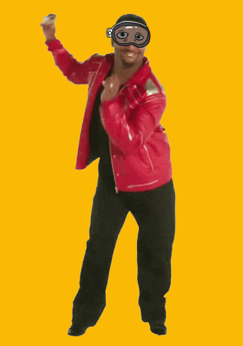 a man wearing a red jacket and black pants is dancing with a yellow background