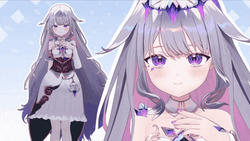 a girl with long purple hair is wearing a purple tiara