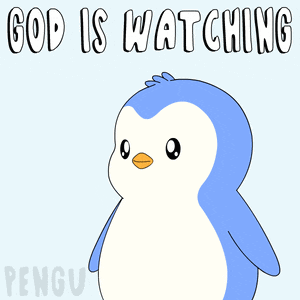 a blue and white penguin with the words god is watching behind him