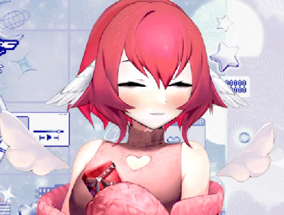 a girl with red hair and white wings holds a heart shaped box