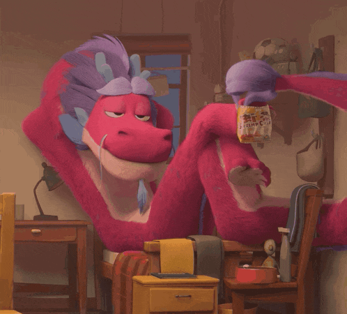 a cartoon character holding a bag of shrimp chips in his hand