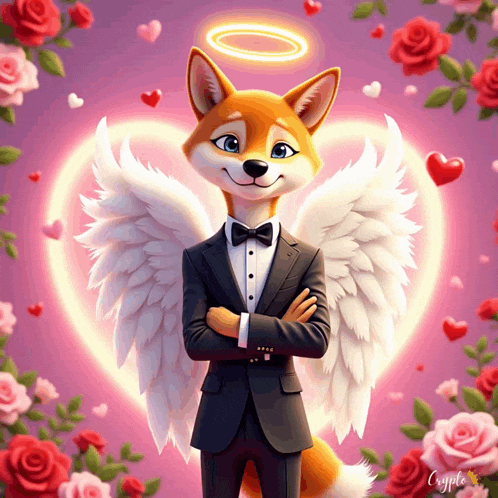 a fox with angel wings and a halo on his head