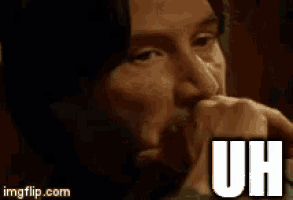 a man with a beard is covering his mouth with his hand and the words uh are above him
