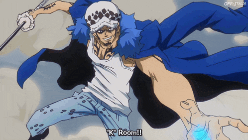 a man in a blue coat is holding a sword and says k room