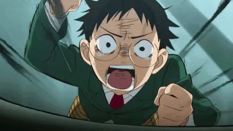 a cartoon boy with glasses and a tie is making a funny face .