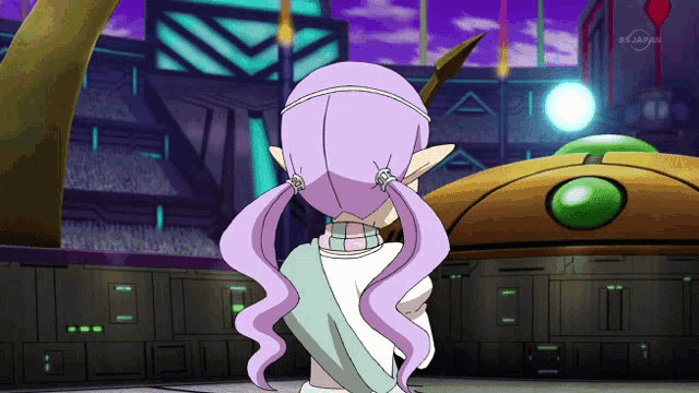 a girl with purple hair is standing in front of a building that says bs japan on it