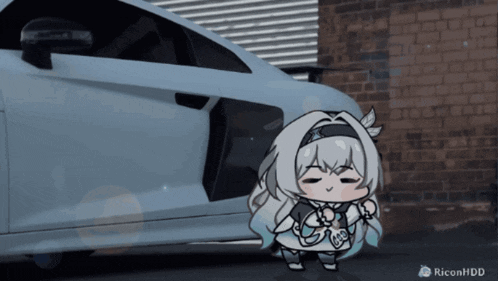 a cartoon of a girl standing in front of a white car with the letters ricon hdd below her