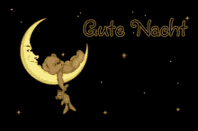 a teddy bear is sitting on a crescent moon with the words gute nacht written below it