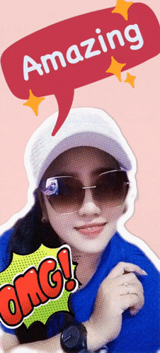 a woman wearing sunglasses and a hat has a speech bubble that says amazing