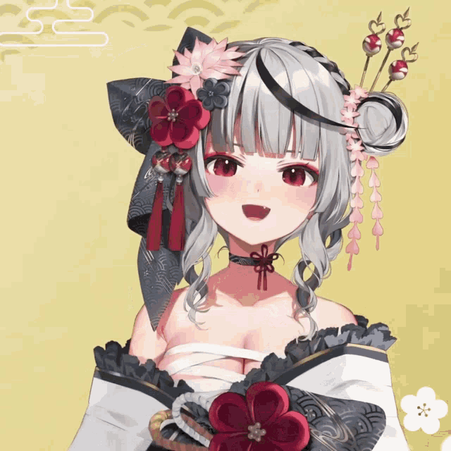 a drawing of a girl with white hair and red flowers