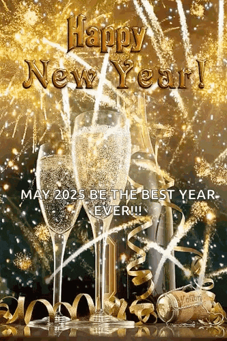 a happy new year greeting card with two glasses of champagne and a bottle of champagne