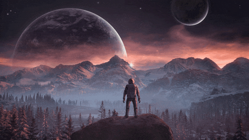 a man standing on top of a mountain looking at a large planet