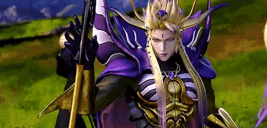 a video game character is holding a sword and a purple cape .