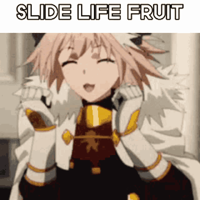 a picture of a girl with the words slide life fruit written above her