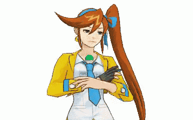 a cartoon character with long red hair and a yellow jacket and tie is holding a gun .