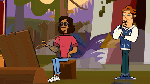 a cartoon drawing of a man sitting on a stump painting a picture