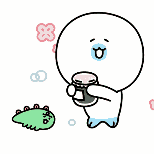a cartoon character is holding a cup of coffee next to a green dinosaur