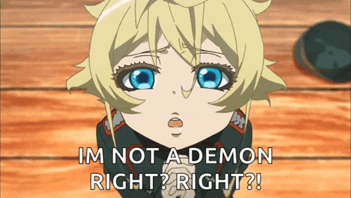 a little girl with blue eyes is saying i 'm not a demon right right