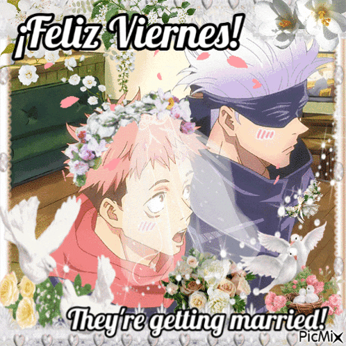 a feliz viernes greeting card shows a couple getting married