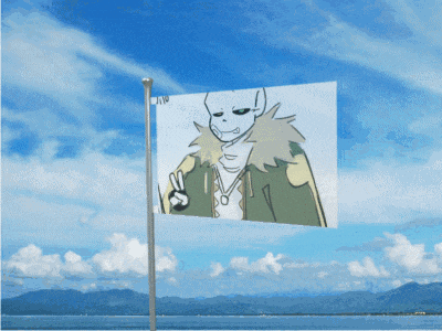 a flag with a drawing of a skeleton giving a peace sign