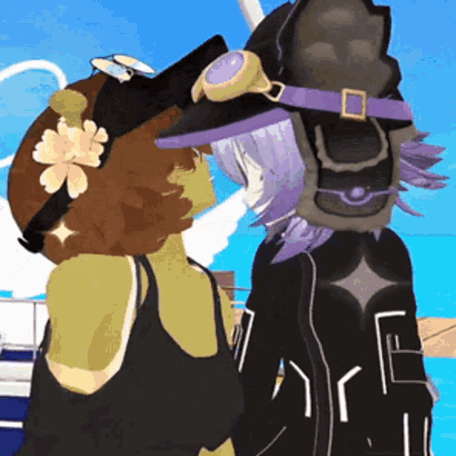 a cartoon character with a flower in her hair and a purple hat
