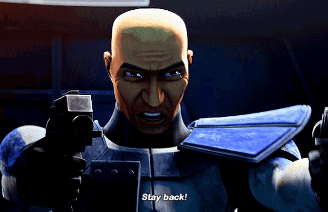 a bald cartoon character holding a gun and says stay back