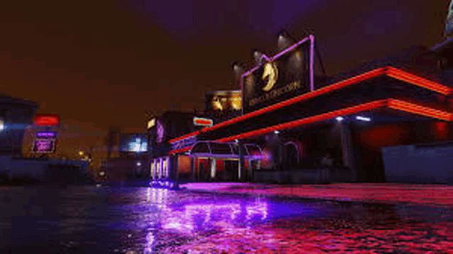 a video game scene of a night club with purple lights and a pool .