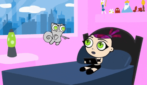 a cartoon girl is sitting on a bed with a tablet and a cat flying in the background