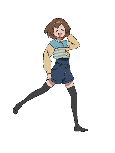 a girl in a striped shirt and shorts is jumping in the air with her mouth open