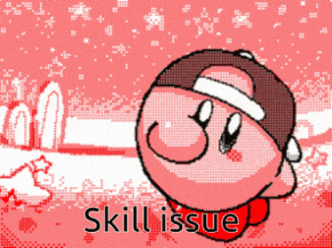 a pixel art of kirby wearing a santa hat with the words skill issue below it