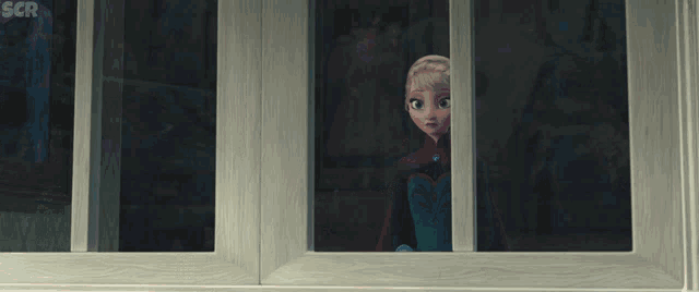 a cartoon character looking out a window with scr written on the bottom right