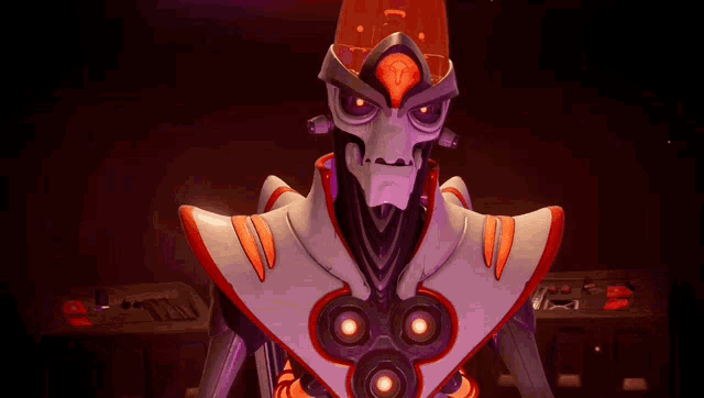 a robot with a purple and orange head and a red visor