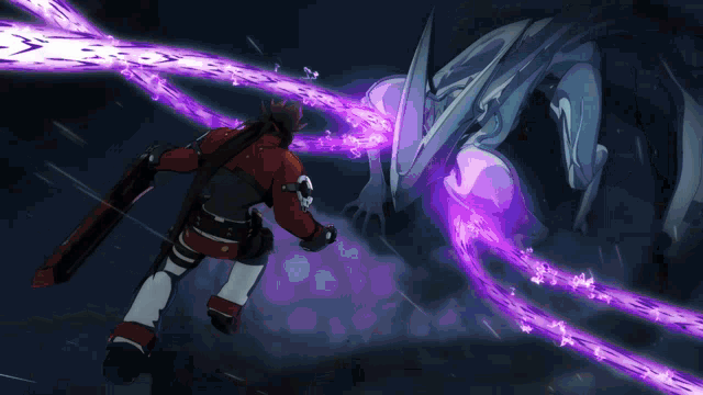a man in a red jacket is standing in front of a purple and blue monster