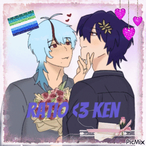 a picture of two anime characters with the words ratio < 3 ken written on the bottom