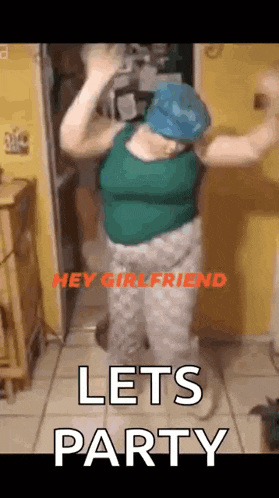 a woman in a blue hat is dancing in a room with the words let 's party on the bottom