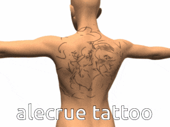 a 3d model of a man 's back with alecrue tattoo written on the bottom