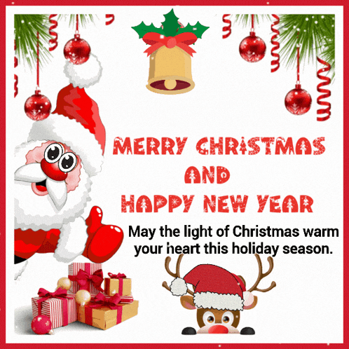 a merry christmas and happy new year greeting card with santa and reindeer