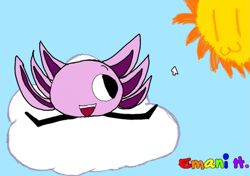 a drawing of a purple axolotl sitting on a cloud with the words emani it below it