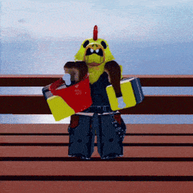 a cartoon character in a chicken costume holds a red and yellow item