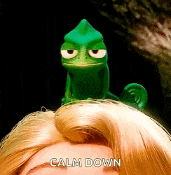 a green chameleon is sitting on top of a woman 's head and the words calm down are below it
