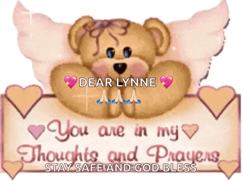 a teddy bear with angel wings is holding a sign that says " you are in my thoughts and prayers "