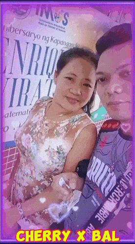 a man and a woman are posing for a picture with cherry x bal written in the corner