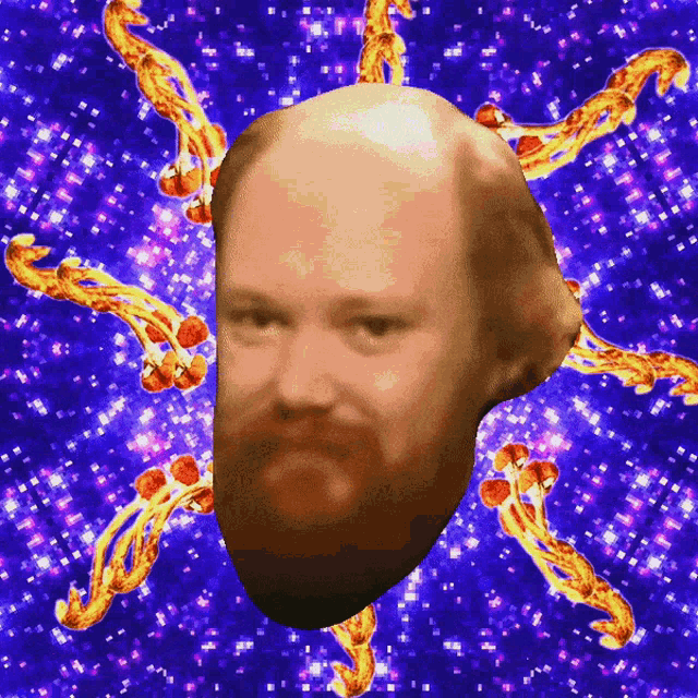 a bald man with a beard is surrounded by flames on a colorful background